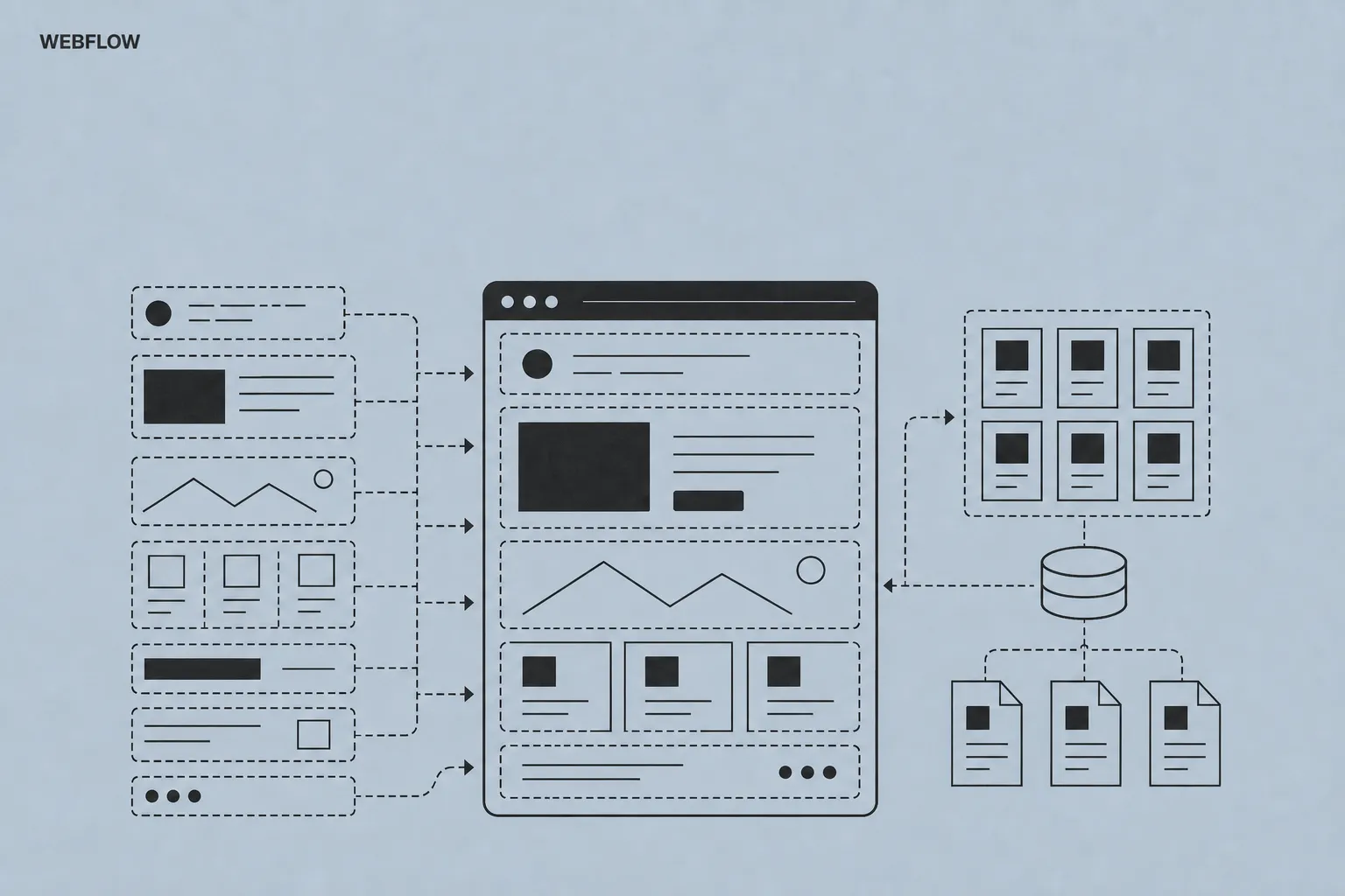 Illustrazione astratta dello sviluppo Webflow: componenti, CMS e pagine che diventano un sistema coerente.
