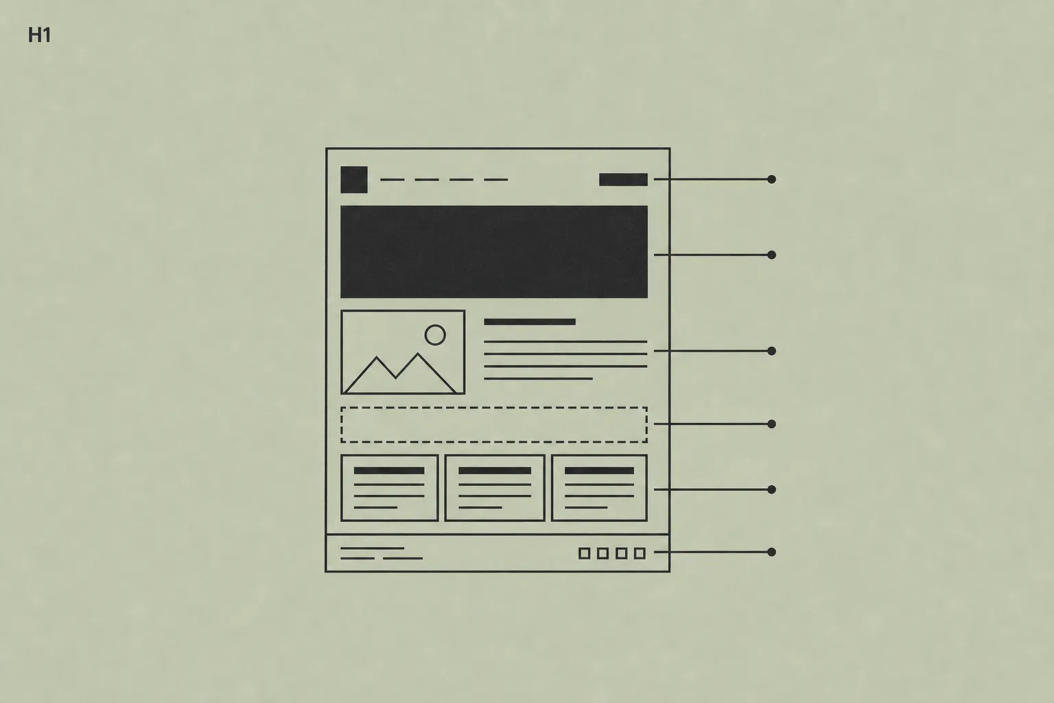 Wireframe di pagina con richiami: title e description, H1 unico, heading ordinati, alt text e link interni.