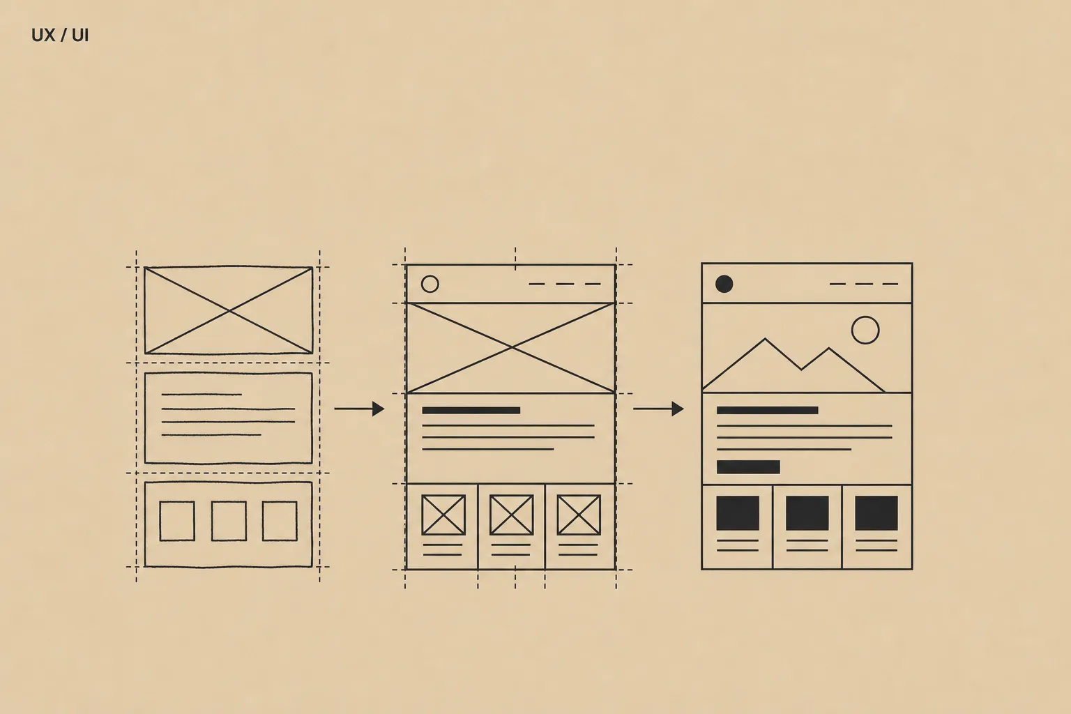 Illustrazione astratta UX/UI: zoning, wireframe e schermate che si trasformano in un'interfaccia chiara.