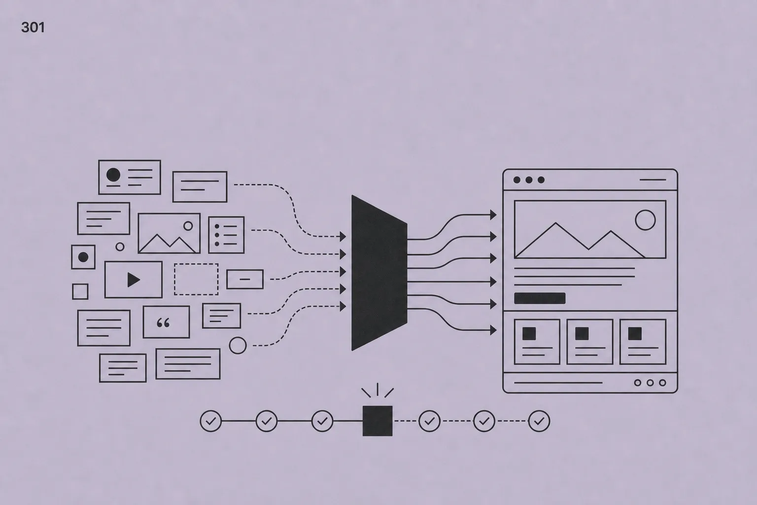 Illustrazione astratta di migrazione WordPress Webflow: vecchie pagine mappate verso una nuova struttura con redirect 301.